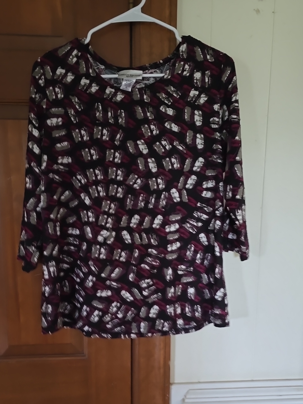 Rebecca Malone Burgundy and Black Abstract-Print Long Sleeve Top